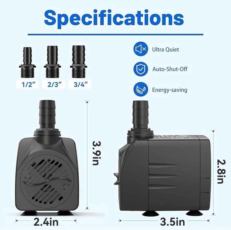 Knifel Submersible Pump 400GPH with AUTO-Shut-Off 6.5ft High Lift for Fountains, Hydroponics, Ponds, Aquariums & More - Image 3